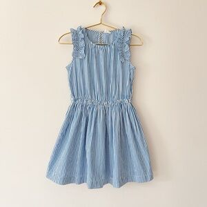 CREWCUTS EUC Blue & White Striped Sleeveless Ruffle Sleeve Elastic Waist Dress